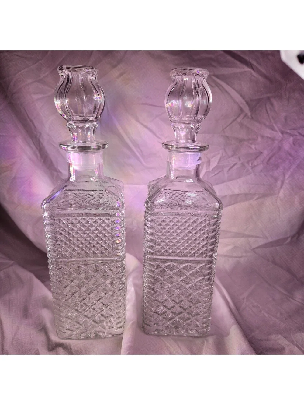 MCM Glass Decanters with Stoppers. Design Is Waffle and Diamond Design Set of 2